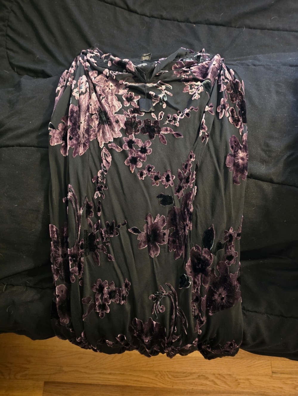 Lane Bryant Black Velvet Burnout Floral Dress with Purple Accents